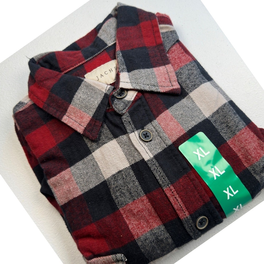 Jachs Mens Flannel Shirt Red Black Plaid Herringbone Long Sleeve‎ XL NWOT
